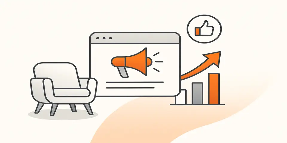 Abstract marketing and retail icons representing growth and innovation for furniture businesses.