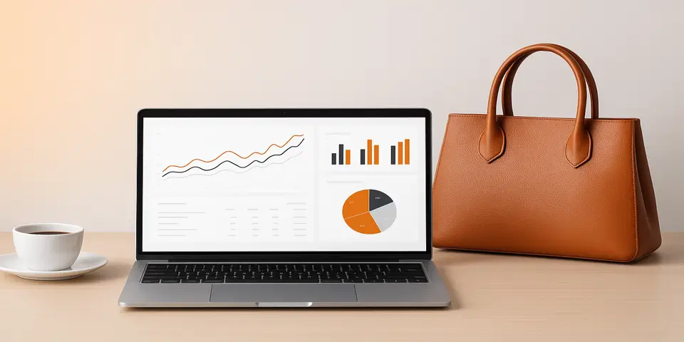 Laptop displaying modern analytics dashboard with charts and performance metrics for digital optimization