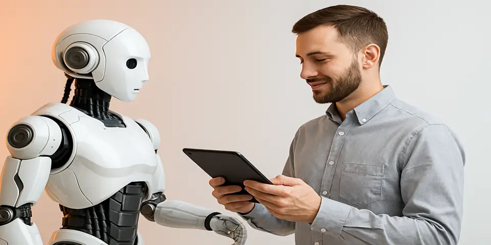 Technician operating robotic systems with digital control interface for AI-powered automation