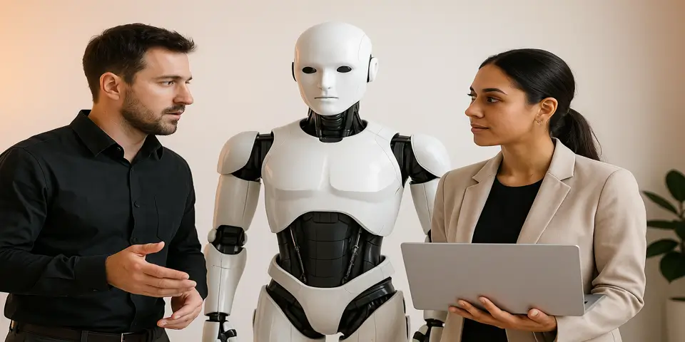 Engineers collaboratively designing robotic automation solutions using modern AI tools