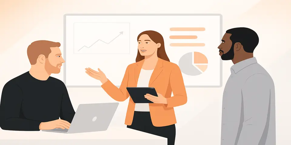 Team of professionals collaborating on modern digital strategy planning using interface diagrams