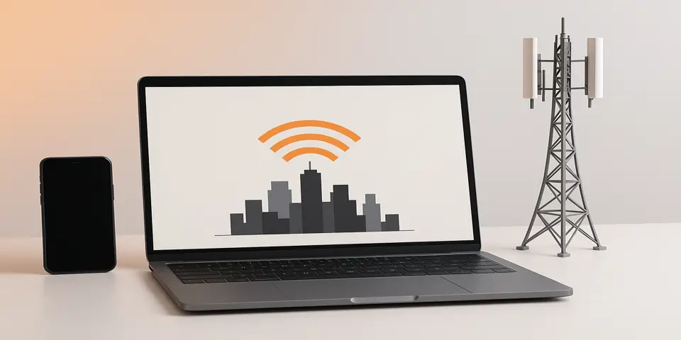 Connectivity icons including wireless signal bars, phone symbol, and global communication indicators