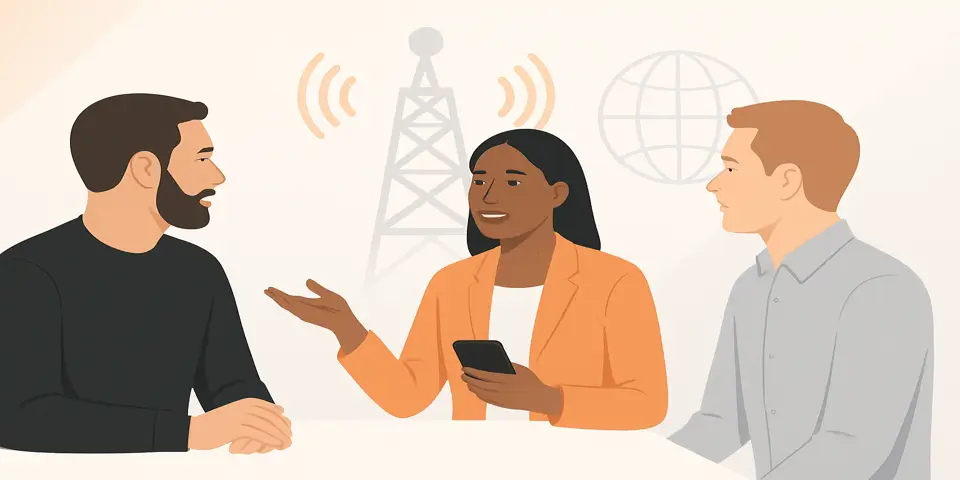 Business team collaborating on telecom strategy and digital communication planning