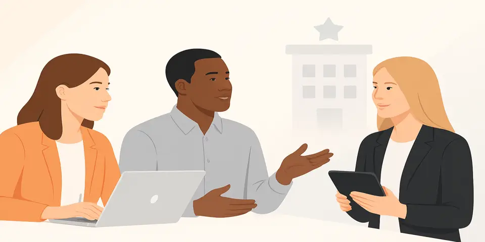 Team of hospitality and marketing professionals planning hotel online strategy improvements