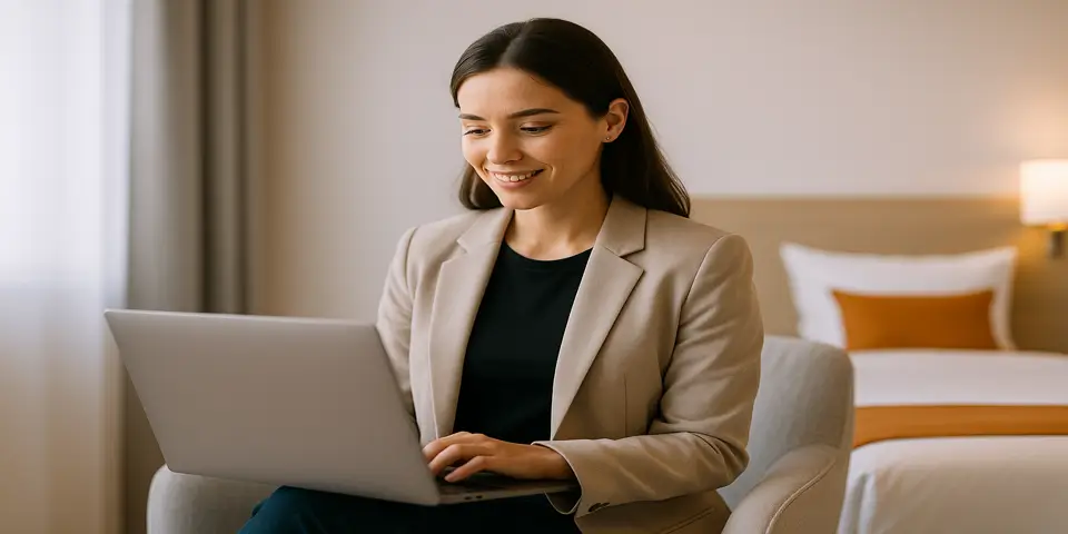 Marketing expert analyzing digital performance dashboards for hotel website optimization