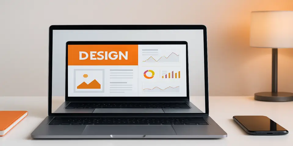 UI design screen with wireframe structure and coding elements showing modern website layout development
