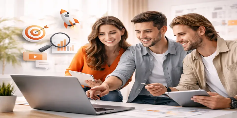 Team collaborating on web design ideas and digital strategy in a modern workspace