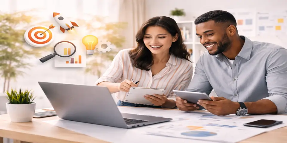 Diverse team collaborating on modern web design ideas and digital growth strategy