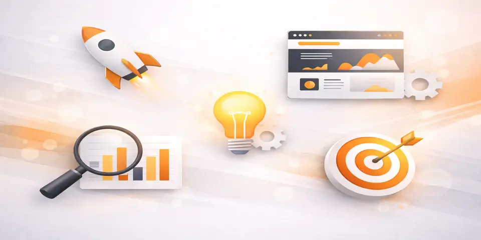 Abstract digital icons representing innovation, analytics, growth, and modern web design strategy