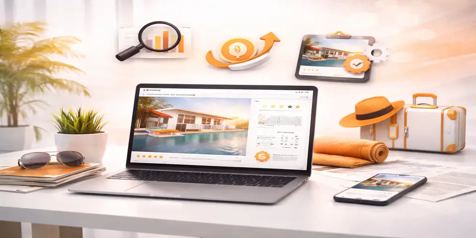 Laptop displaying vacation rental website analytics and performance focused digital strategy