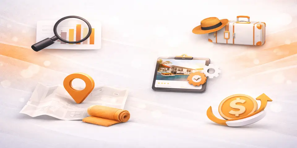 Abstract digital icons symbolizing revenue optimization, analytics, and online rental performance