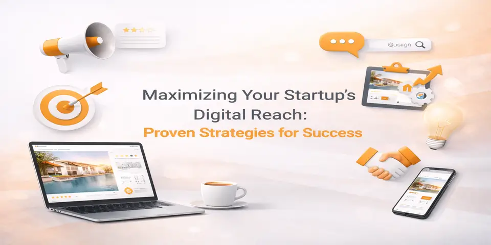 Digital marketing visuals representing startup growth, online reach, and scalable digital strategies