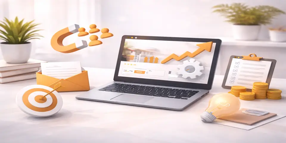 Modern workspace displaying digital analytics and lead performance dashboards