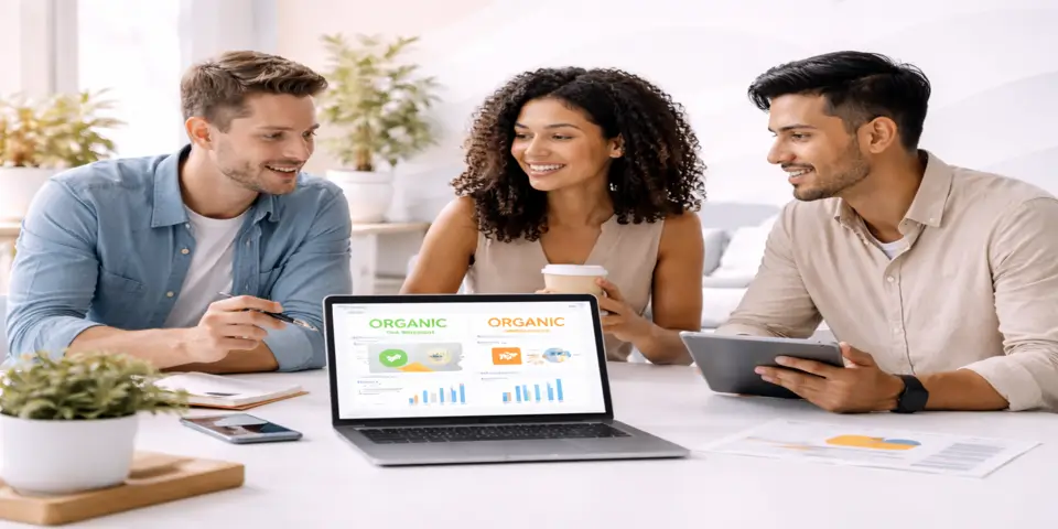 Team reviewing organic and paid campaign metrics to enhance conversions