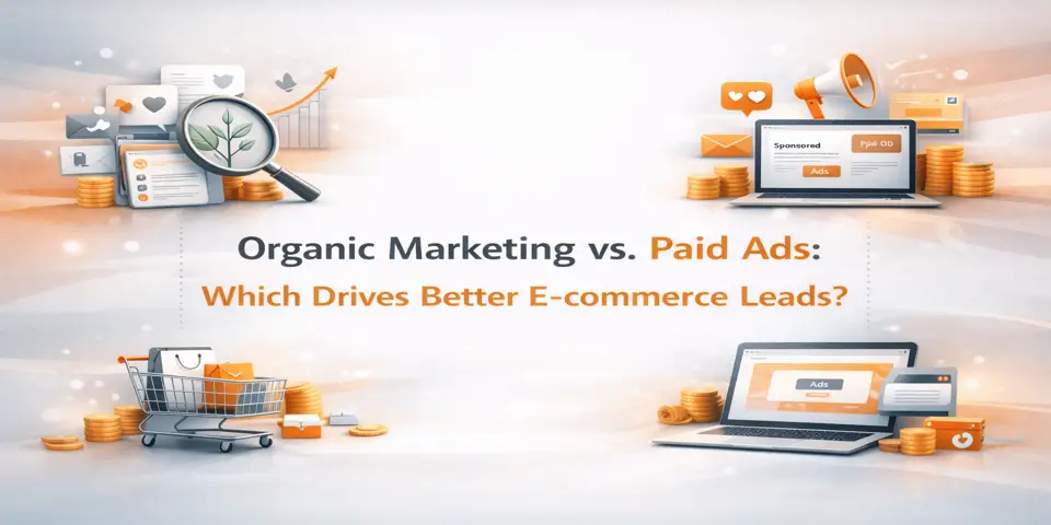 Comparison visuals of organic marketing and paid ads around centered title