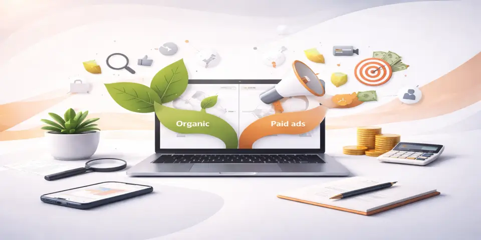 Laptop displaying organic growth charts and paid ad metrics for lead generation