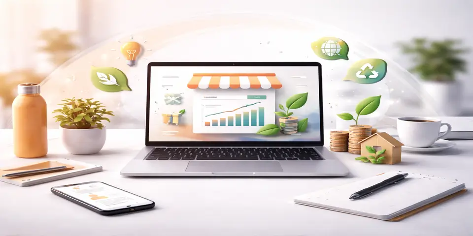 Digital growth elements with charts and sustainability icons for e commerce