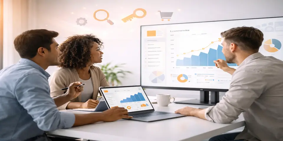 Team reviewing growth metrics and performance dashboards for business improvement