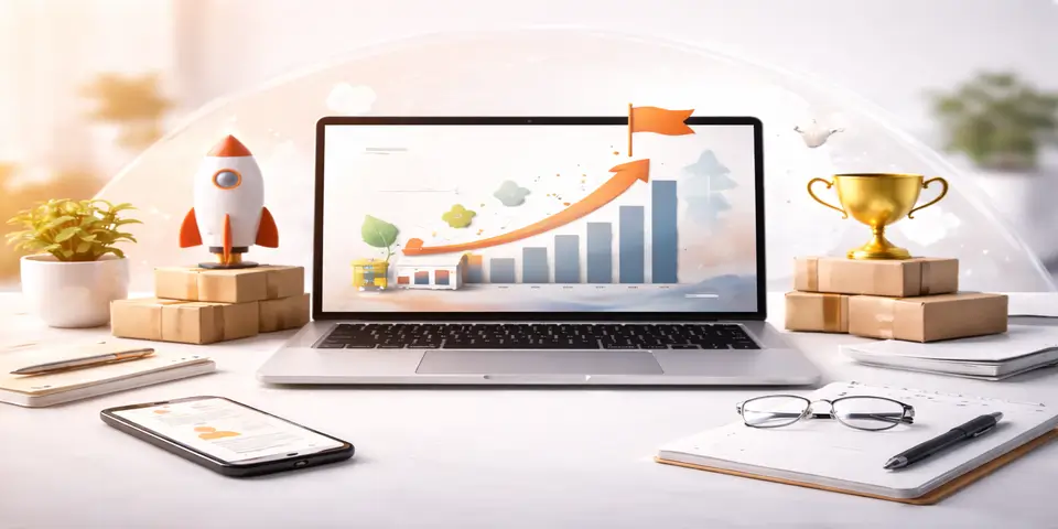 Growth charts, analytics icons, and digital tools representing performance measurement