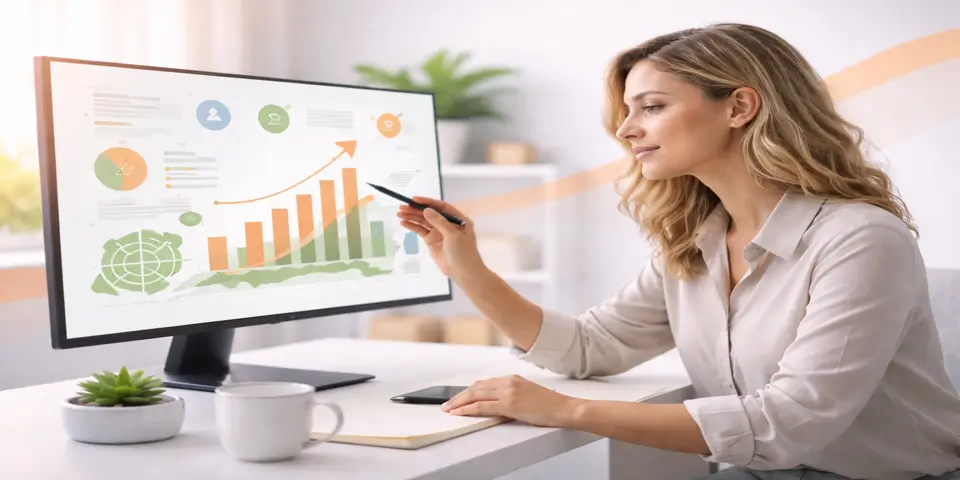 Professional analyzing growth data and reviewing performance indicators on a digital dashboard