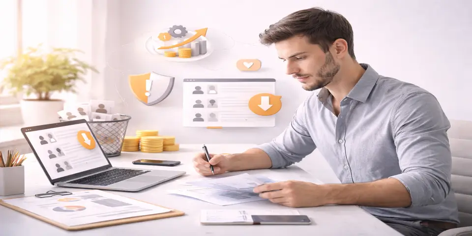 Professional tech expert working on a laptop representing human driven outreach in scalable tech strategies.