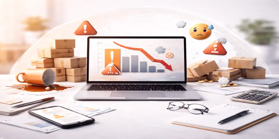 Digital icons, downward charts, and warning symbols representing growth risks