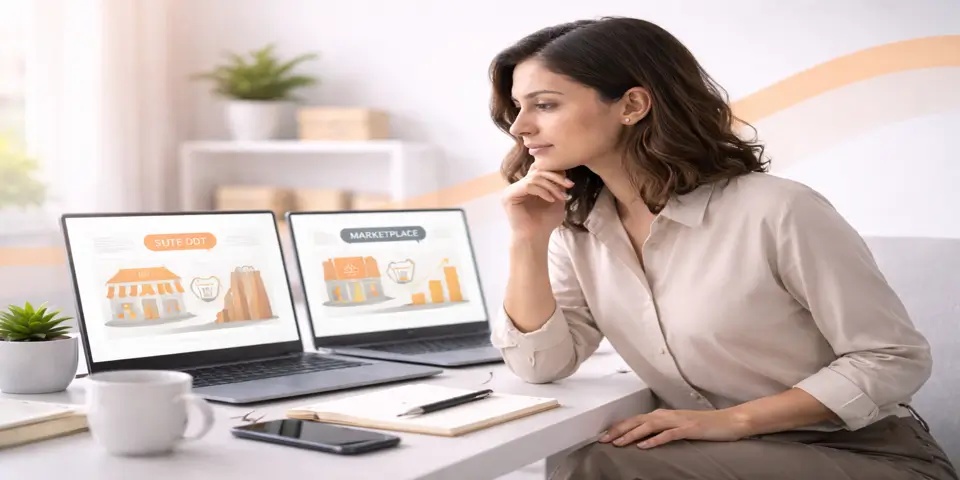 Professional evaluating performance charts comparing DTC and marketplace growth