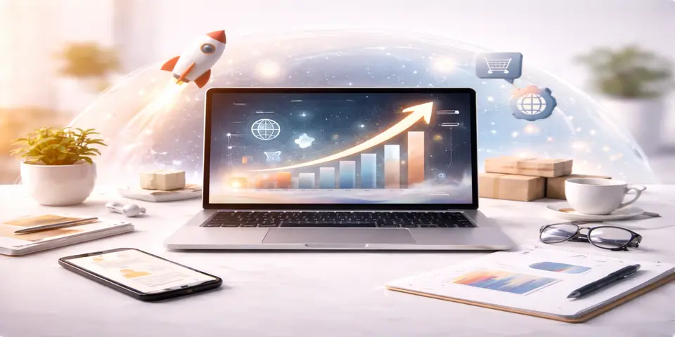 Growth charts and digital tools symbolizing future e commerce marketplace expansion