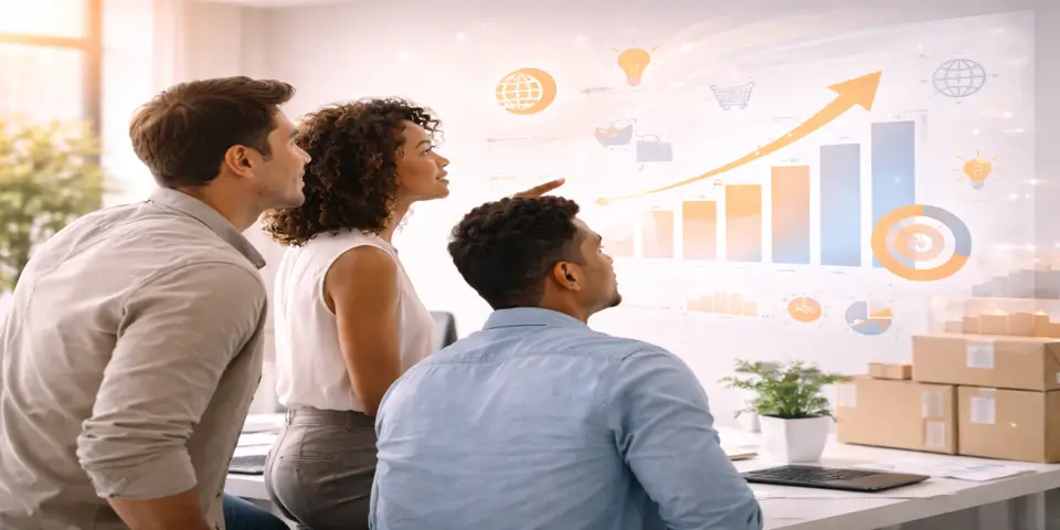 Team analyzing future growth strategies for e commerce business expansion