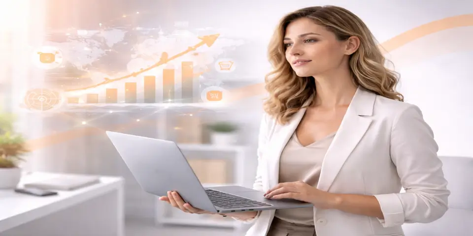 Professional reviewing futuristic growth metrics for e commerce success