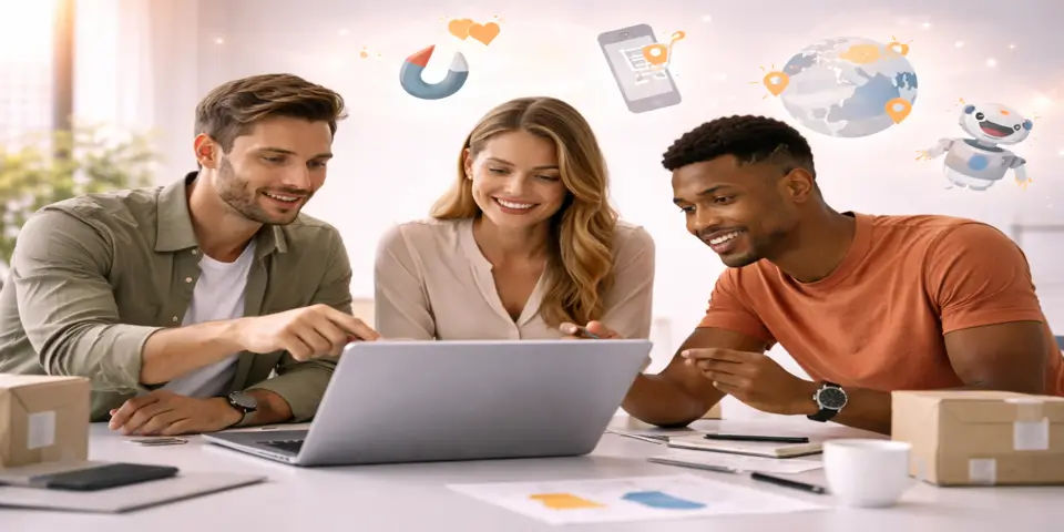 Team collaborating on innovative growth ideas for e commerce expansion