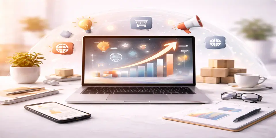 Charts and digital tools illustrating innovative growth strategies for online brands