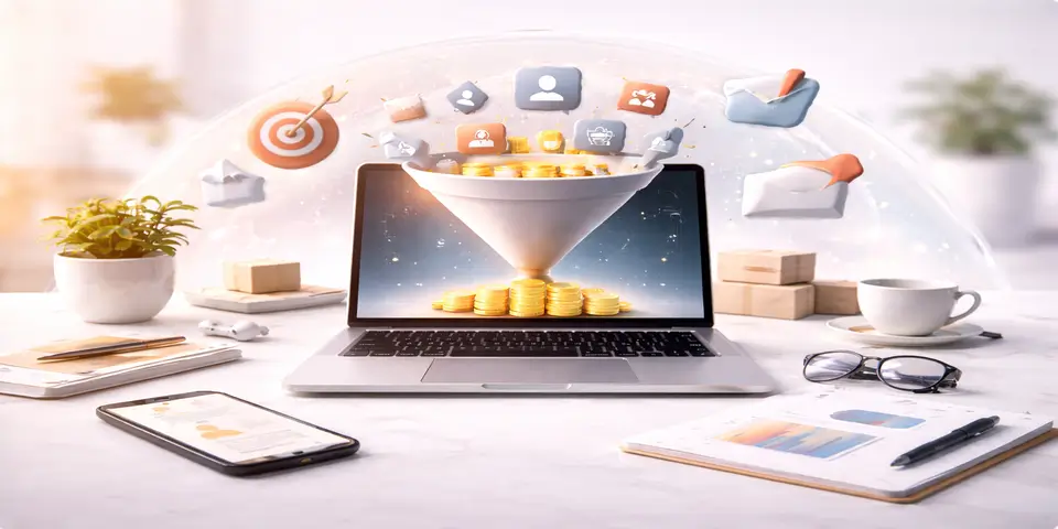 Digital charts funnels and SaaS icons representing scalable lead generation