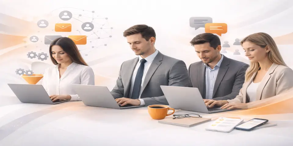 Tech professionals collaborating on laptops representing scalable automation and human outreach balance.