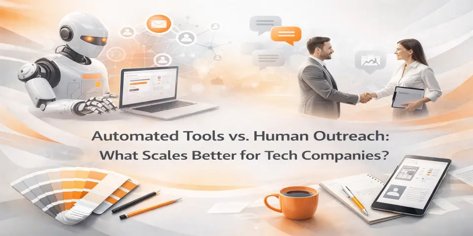 Modern tech focused visual representing automated tools versus human outreach strategies for scaling tech companies.