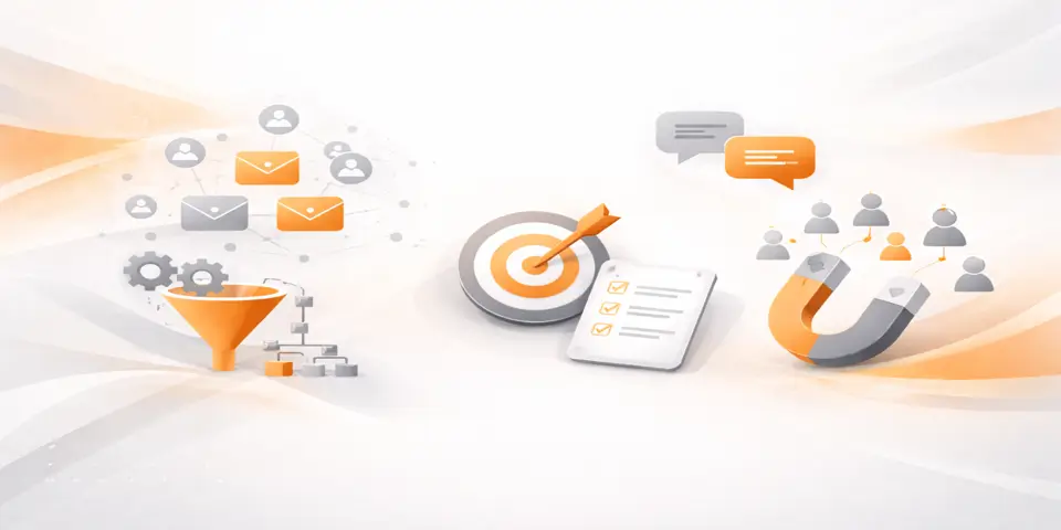 Abstract digital icons representing automation workflows, outreach funnels, and scalable tech processes.