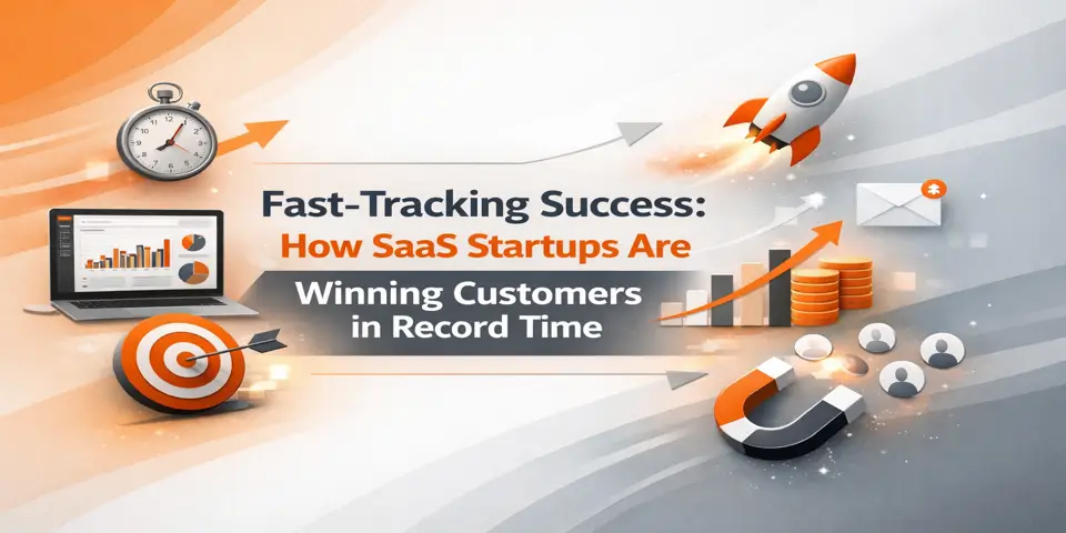 Title graphic showcasing growth-focused elements used to represent fast customer acquisition for SaaS startups