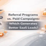 Title visual comparing referral strategies and paid campaigns for SaaS lead generation