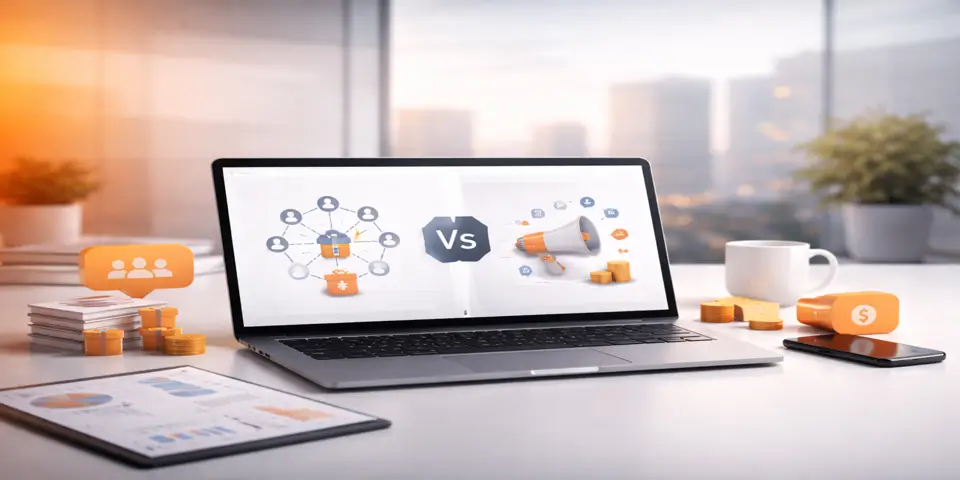Laptop showing side-by-side dashboards comparing referral leads and paid campaign data