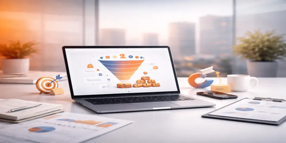 Laptop displaying SaaS lead generation funnel and engagement statistics