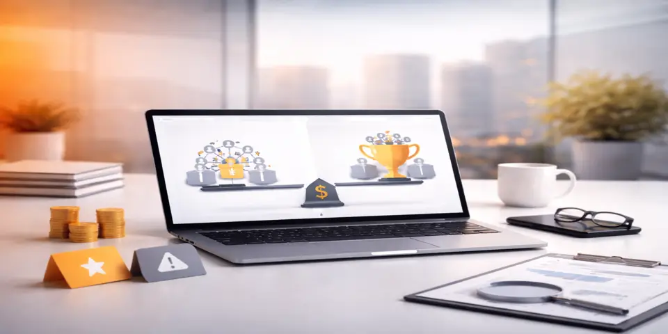 Laptop displaying a consulting dashboard comparing client volume with value metrics
