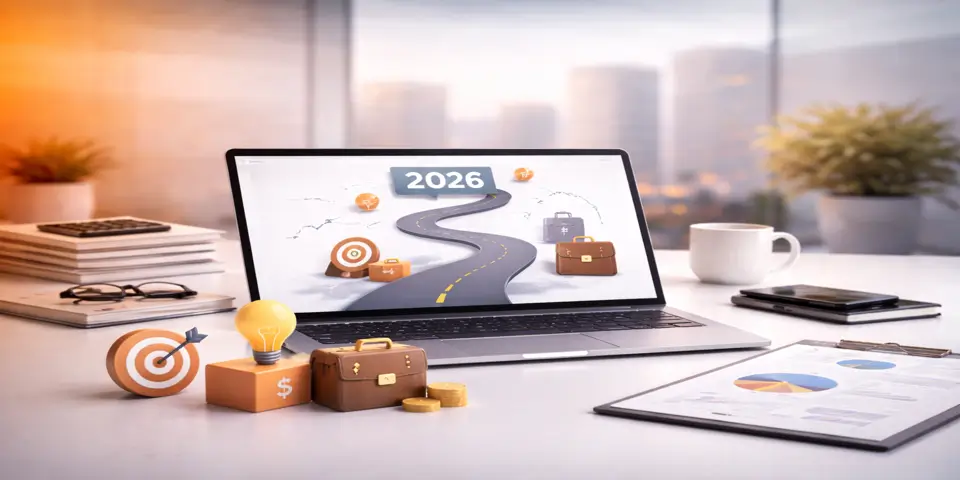 Laptop showing consulting roadmap, trend charts, and milestone goals for 2026