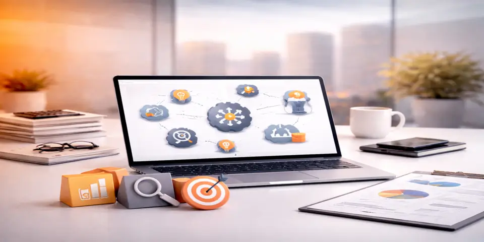 Laptop showing multiple growth model diagrams used by consulting firms