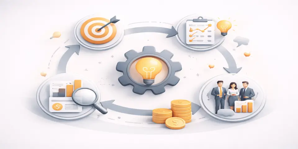 Abstract visualization of strategy layers and business growth pathways