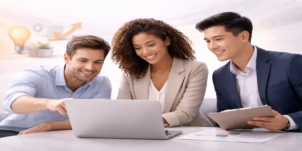 Diverse team of tech professionals collaborating on laptops and documents, representing strategic global expansion.