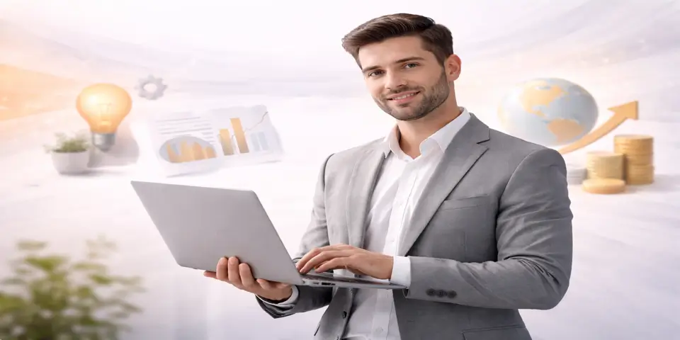 Tech professional working on a laptop representing strategic planning for global business growth.