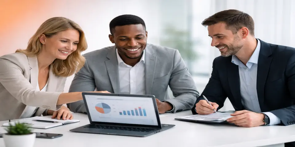 Team reviewing lead generation data to improve client acquisition.