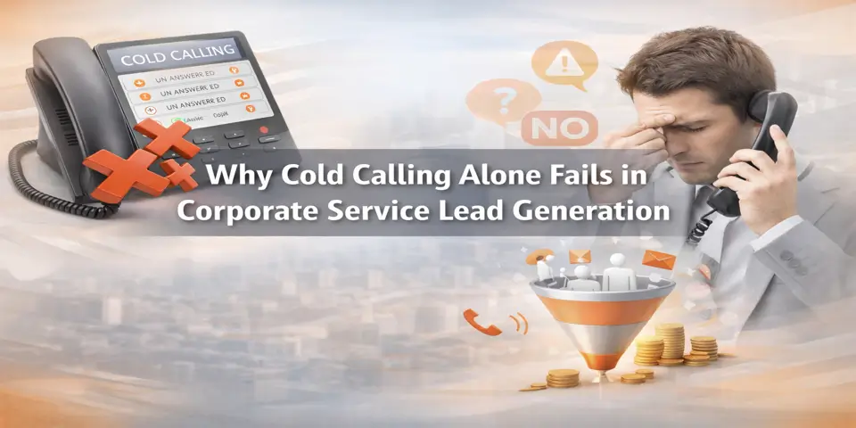 Cold calling difficulty shown with phone, warning icons, and lead funnel visuals.