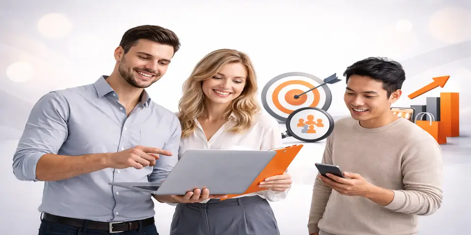 Team collaborating on e-commerce lead generation strategy using digital tools