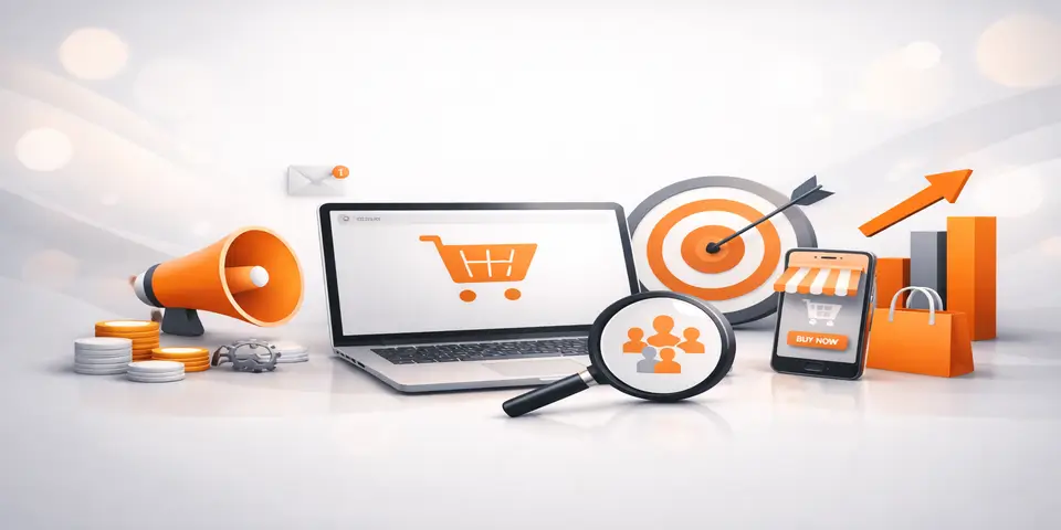 Laptop displaying e-commerce lead generation workflow and growth indicators